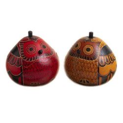 Fortunate Owls,'Decorative Owl Figures of Dried Mate Gourds from Peru (Pair)'