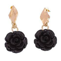 'Rose-Themed 24k Gold-Plated Resin Dangle Earrings in Black'