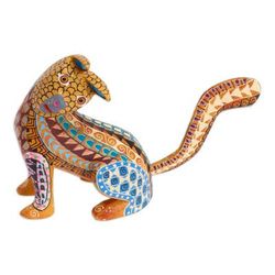 'Wood Cat Alebrije Figurine in Amber Hand-Painted in Mexico'