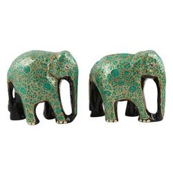 Bond of Friendship in Green,'Handcrafted Papier Mache Elephant Statuettes (Pair)'