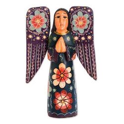 Humble Prayer,'Floral Wood Praying Angel Sculpture from Guatemala'