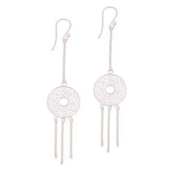 Raining Circles,'Circular Sterling Silver Filigree Dangle Earrings from Java'