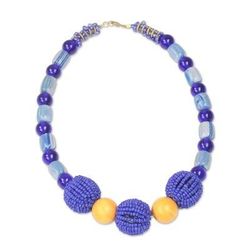 Grateful,'Recycled Glass and Plastic Beaded Pendant Necklace in Blue'