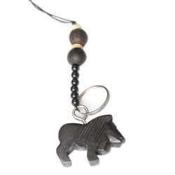 Lion,'Eco-Friendly Ebony Lion Keychain with Wood Beads'