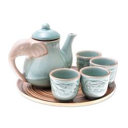 Elephant Gathering,'Elephant-Themed Celadon Ceramic Tea Set (6 Piece)'