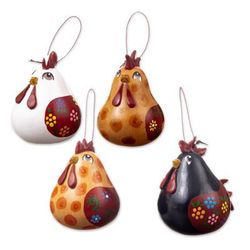 Chatty Hens,'Set of 4 Handcrafted Hen Ornaments Painted in Warm Hues'
