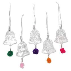Celebration Bells,'Set of 5 Embossed Aluminum Bell Ornaments from Bali'