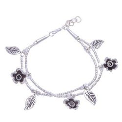 Thai Garden,'Karen Silver Double Strand Beaded Floral Charm Bracelet'