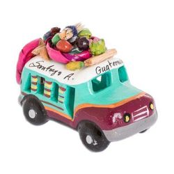 Brown and Turquoise Old Tim...,'Green and Brown Ceramic Mini Bus Decoration from Guatemala'
