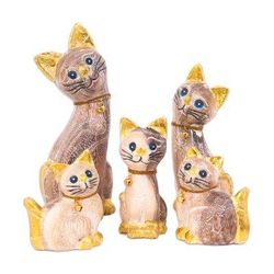 'Set of 5 Hand-Carved Wood Cat Sculptures from Thailand'