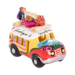 'Yellow and Orange Ceramic Bus Decoration from Guatemala'