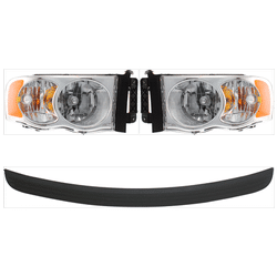 2002 Dodge Ram 1500 4-Piece Kit Driver and Passenger Side Headlights with Bumper Trims, with Bulbs, Halogen