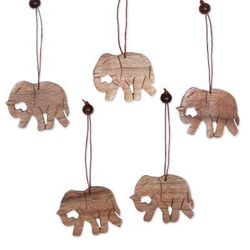 Wood ornaments, 'Elephant Holiday' (set of 5)
