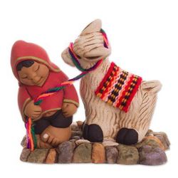Happy Andean Man,'Ceramic Figurine of a Man with a Llama from Peru'