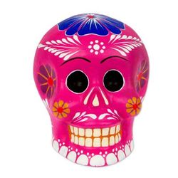 Fuchsia Skull with Flowers,'Fuchsia Ceramic Floral Day of the Dead Figurine'