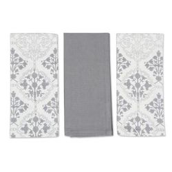 Noble Damask,'Set of Three Printed Cotton Dish Towels in Grey and White'