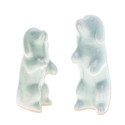Playful Friends,'Pair of Celadon Ceramic Dog Figurines Handmade in Thailand'
