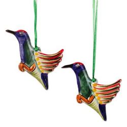 Elegant Hummingbirds,'Artisan Crafted Ceramic Hummingbird Ornament Pair'