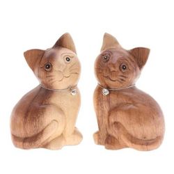 'Set of 2 Hand-Carved Cat Raintree Wood Figurines with Bells'
