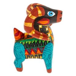 'Copal Wood Alebrije Sheep Figurine Hand-Painted in Turquoise'