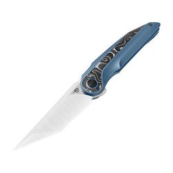 Bestech Knives Blind Fury Folding Blade 4.63in Closed 3.63in Stonewash/Satin Bohler M390 SS Tanto Blade Blue Anodized Titanium Handle w/ Silver Carbon