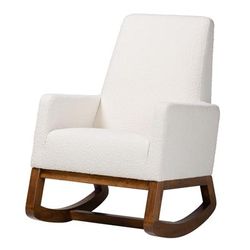 Yashiya Mid-Century Modern Off-White Boucle Upholstered And Walnut Brown Finished Wood Rocking Chair by Baxton Studio in Off White Walnut Brown
