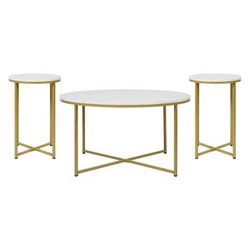 Flash Furniture NAN-CEK-1787-MRBL-GG 3 Piece Hampstead Coffee & End Table Set - White Marble Wood Top w/ Brushed Gold Metal Frame