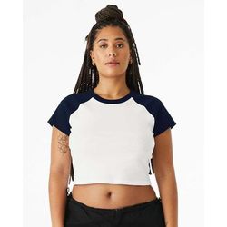 Bella + Canvas 1201 Women's Micro Ribbed Raglan Baby Top in White/Navy Blue size XS | Cotton/Polyester Blend