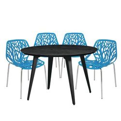 Leisuremod Ravenna Mid-Century Modern 5-Piece Dining Set with 4 Stackable Plastic Chairs and Round Wood Table with Metal Base for Kitchen and Dining Room - Leisurmod RTM47AC16BU4