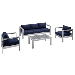 Shore Sunbrella® Fabric Outdoor Patio Aluminum 4 Piece Set - East End Imports EEI-4316-SLV-NAV-SET