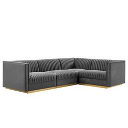 Sanguine Channel Tufted Performance Velvet 4-Piece Right-Facing Modular Sectional Sofa - East End Imports EEI-5829-GRY