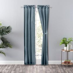 Wide Width Lisa Solidtextured Tailored Panel Pair by Ellis Curtains in Dusty Blue (Size 56" W 63" L)