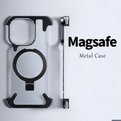 Aluminum Alloy Magnetic Stand Rimless Phone Case For iPhone 13 14 15 16 Pro Max Plus Metal Lens