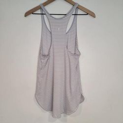Lululemon Athletica Tops | Lululemon Cool Racerback Tank Womens White Gray Striped Scoop Neck Logo | Color: Gray/Tan/White | Size: No Size Tag. See Photos For Measurements