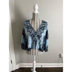 Free People Tops | Free People Top Womens Small Blue Bird Floral Peasant Sleeve Birds Of A Feather | Color: Blue | Size: S