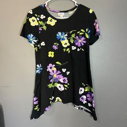 Lularoe Tops | Lularoe Floral Short Sleeve Tunic Shirt Size Xxs | Color: Black/Purple | Size: Xxs