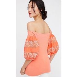 Free People Tops | Free People | Rock With It Off-The-Shoulder Embroidered Puff Sleeve Top In Coral | Color: Orange | Size: Xs