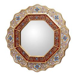 Mirror, 'White Star' - Reverse Painted Glass Wood Mirror from Peru