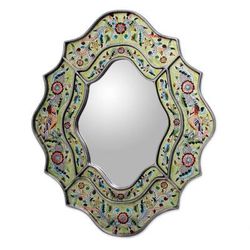 Verdant Spring,'Hand Made Reverse Painted Glass Bird Mirror'