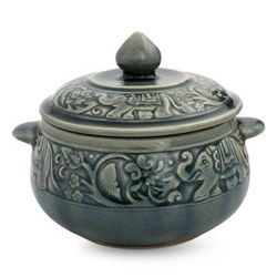 Celadon ceramic covered bowl, 'Blue Elephant Forest'