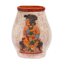 'Maya King of Palenque' - Mexican Archaeological Ceramic Vase Crafted by Hand