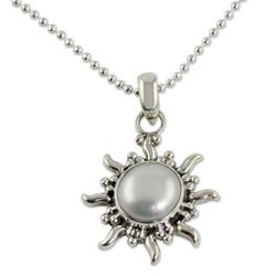 'Quiet Sun' - Pearl Necklace Sun and Moon Sterling Silver Pendant