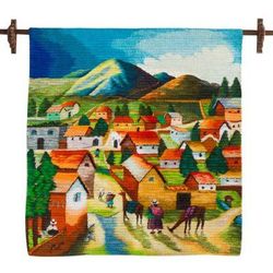 Andean Village,'Colorful Handwoven Andean Village Scene Wool Wall Tapestry'