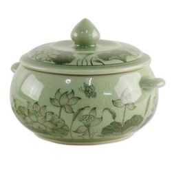 Lotus Bouquet,'Celadon Ceramic Floral Soup Bowl with Lid from Thailand'