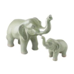 Maternal Elephant,'Set of 2 Ceramic Statuettes of Mother and Calf Elephant'