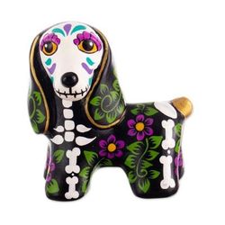 'Hand-Painted Day of the Dead Dachshund Ceramic Sculpture'
