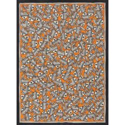 Fish Harmony,'Madhubani Fish Painting in Orange from India (20.5x29)'