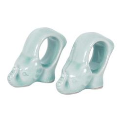 'Elephant-Themed Blue Celadon Ceramic Napkin Rings (Pair)'