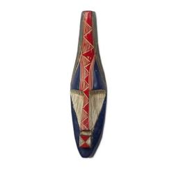Amewuga,'Handcrafted African Sese Wood Mask in Blue and Red'