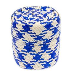 'Blue Basket with Lid Hand-Woven from Palm Fiber in Mexico'